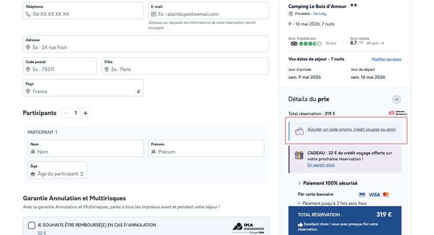 Capture d'écran du site Campings.com