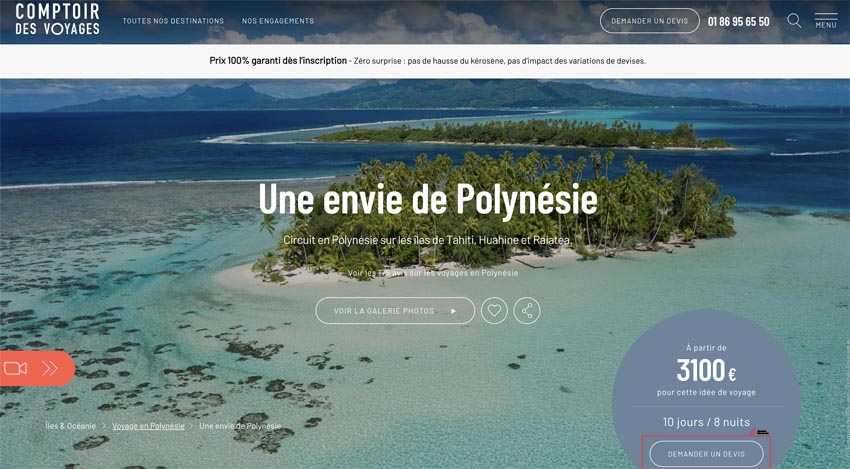 Capture d'écran du site Comptoir des Voyages